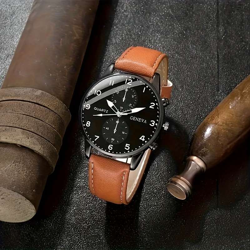 4Pcs Classic Quartz Men Watch Zinc Alloy Case Faux Leather And
