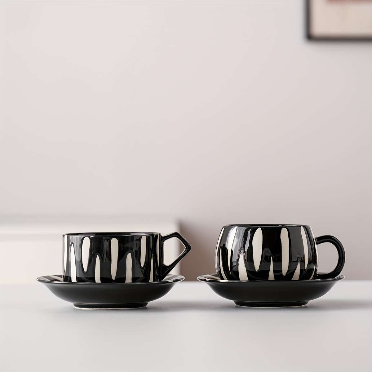 Water Cup Items Two Sets Of Black Mixed Cups  Includes Two Cups   Two Saucers
