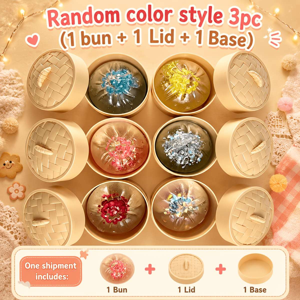 Squeezable Toys Color 3Pc Crystal Steamed Bun Lid Steamer Items 6 Colors Random Shipment