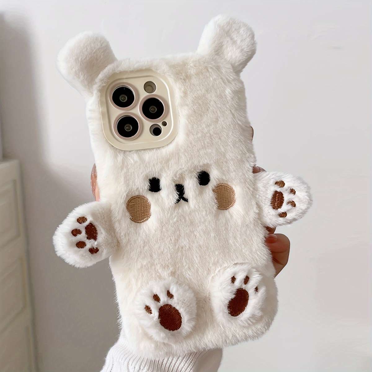 1Pc Beige For iPhone 15 Plus Plush Three Dimensional Bear Phone Case