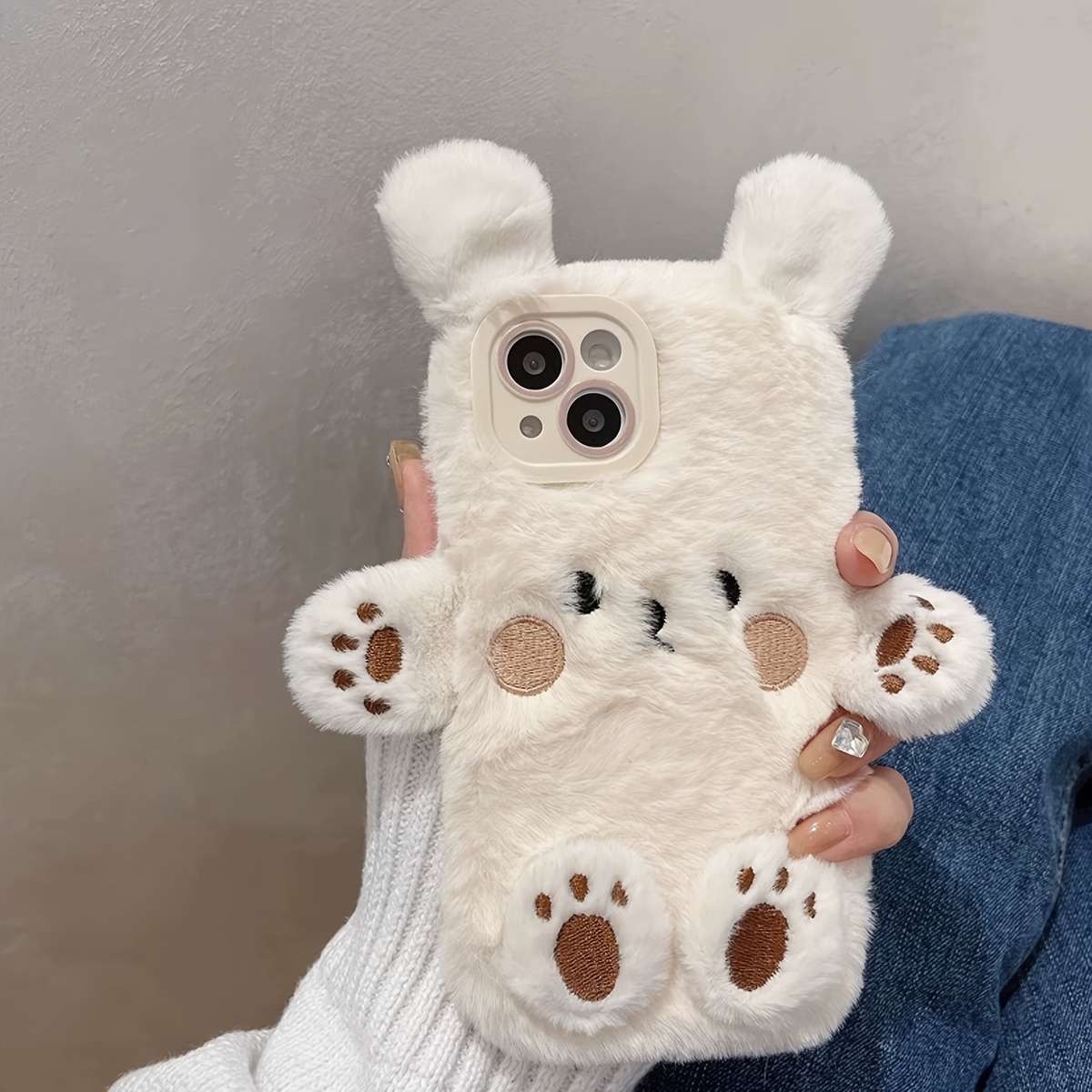 1Pc Beige For iPhone 15 Plus Plush Three Dimensional Bear Phone Case