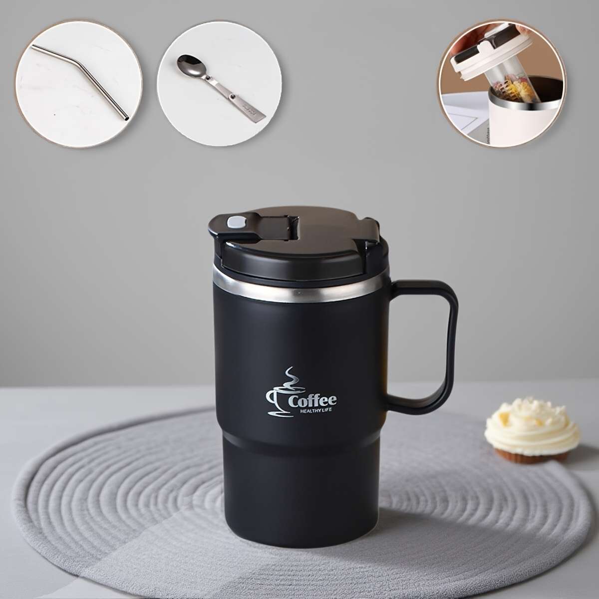 Water Cup Capacity 3Pcs Brown 480Ml Straw   Folding Spoon