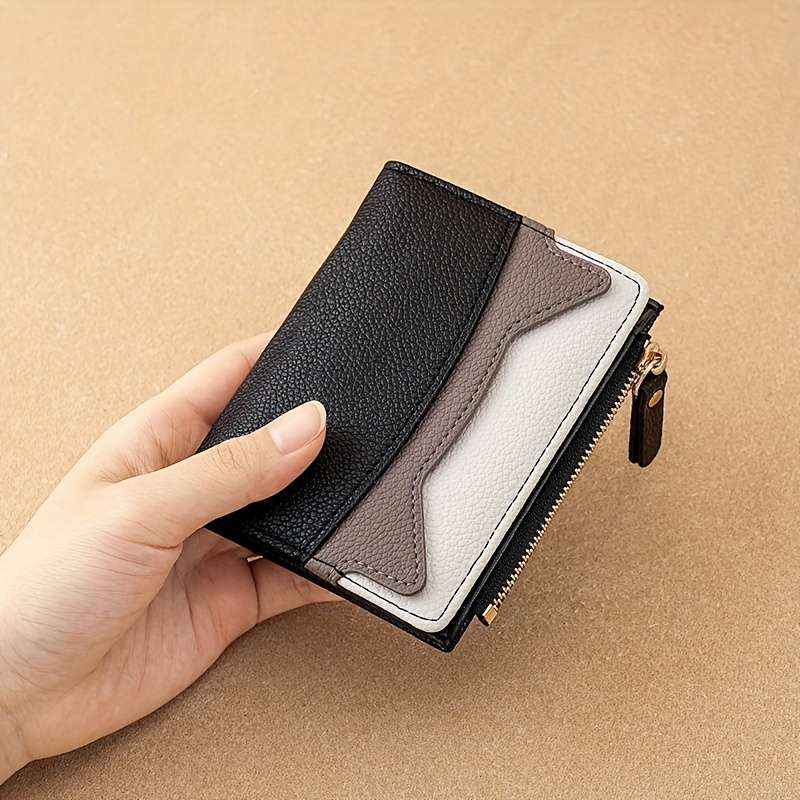 Litchi Texture Wallet Women'S Short Bifold Purse Creative Zipper Multicolor Patchwork Coin