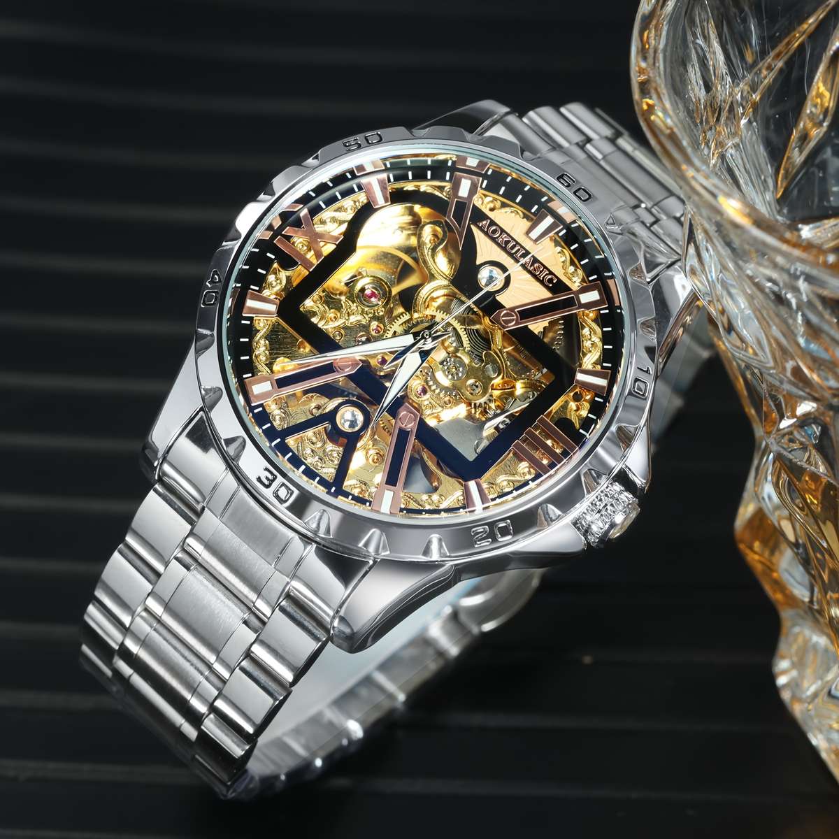Mens Sporty Barrel Shaped Hollow Automatic Mechanical Watch Without