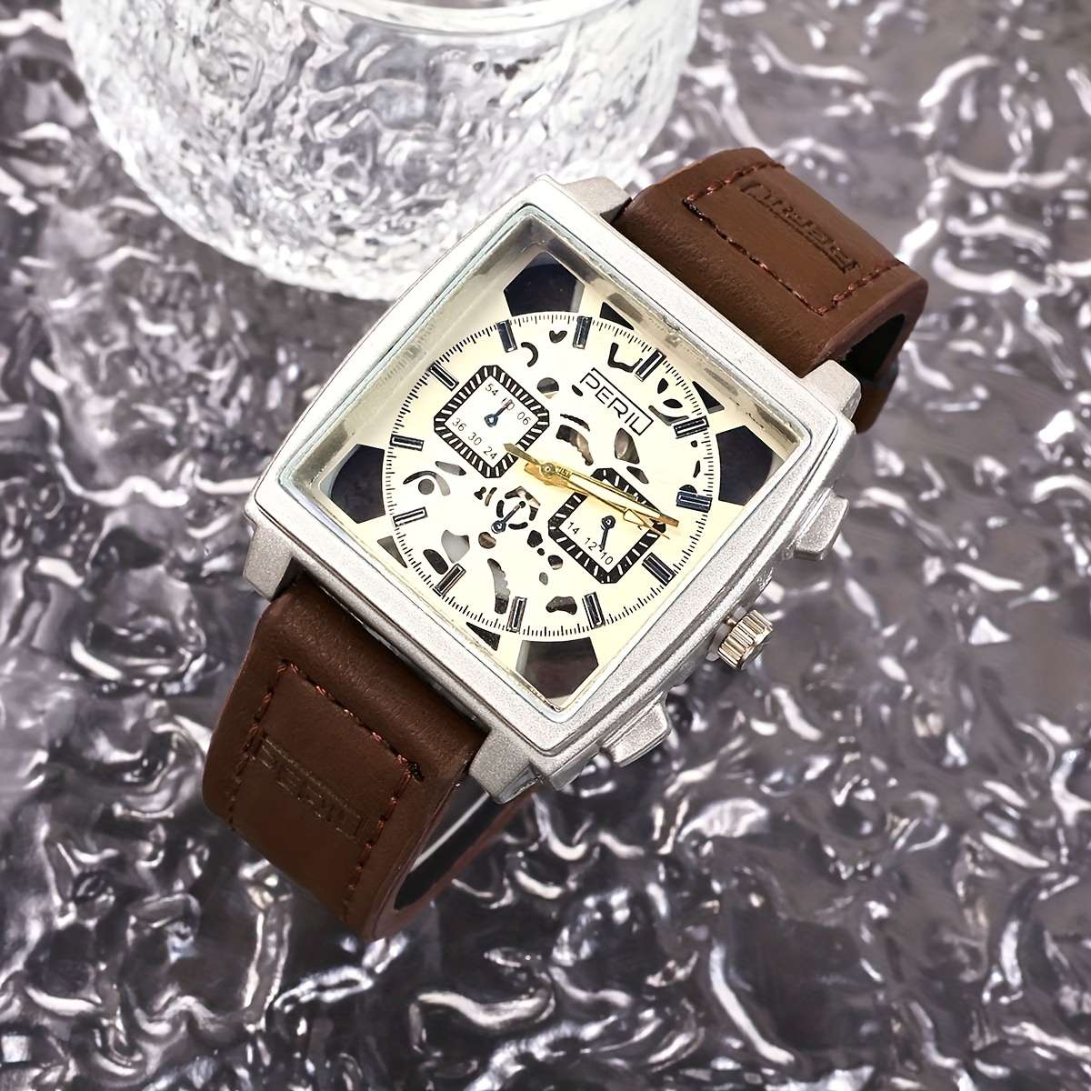 Men Quartz Watch Featuring Square Silvery Case With Hollow Design