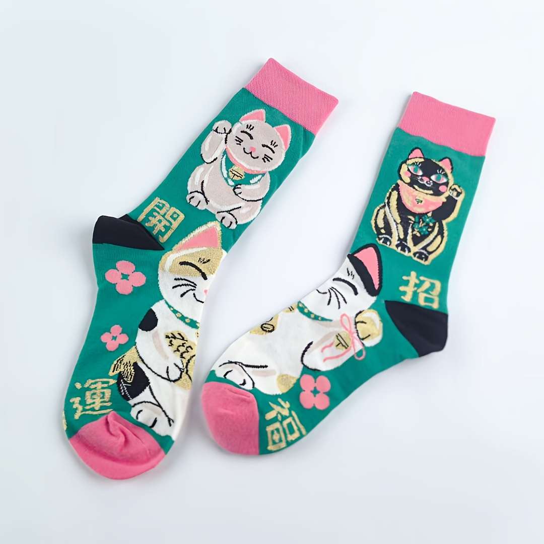 Women S Socks Color Green Base Lucky Cat1 Pair Size Onesize