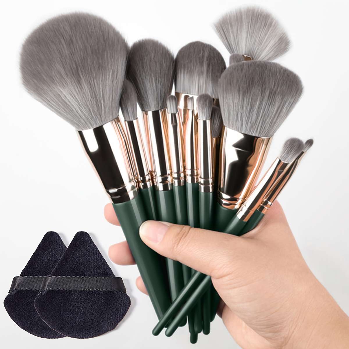Makeup Brush Set Color Green  2 Black Powder Puffs
