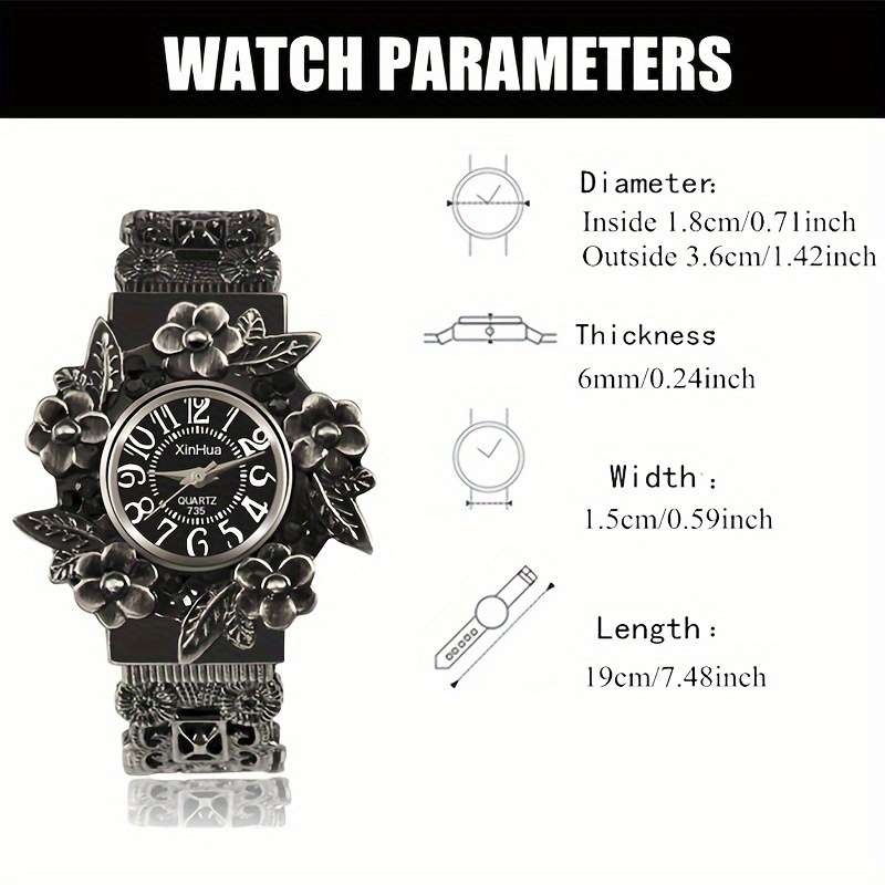 Vintage Women Bracelet Watch 3D Floral Leaf Quartz Wristwatch Black