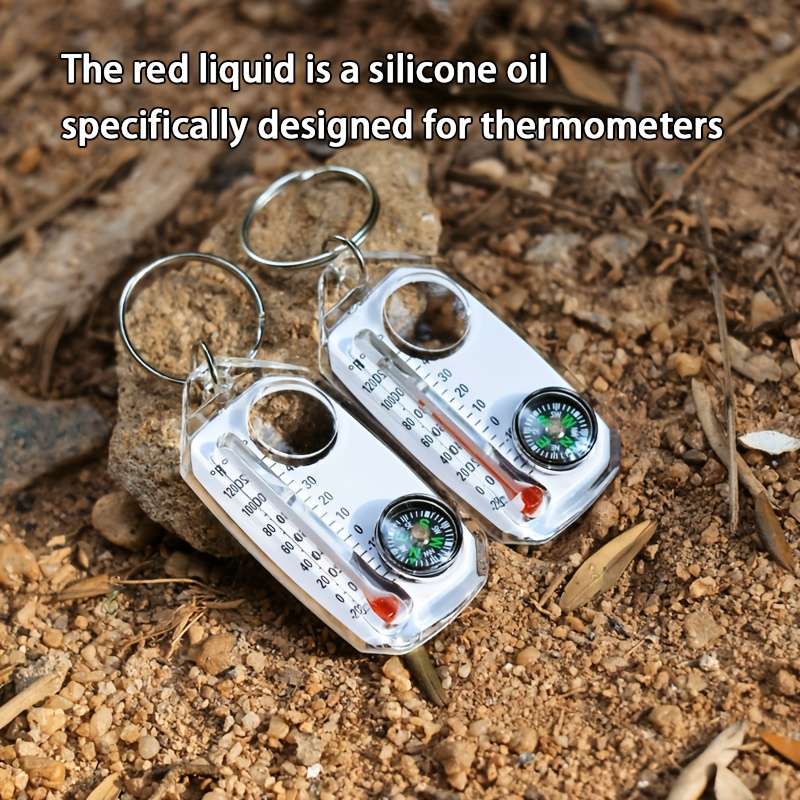 Set Compass Thermometer Magnifying Glass Keychain 4 In 1 Portable Multi