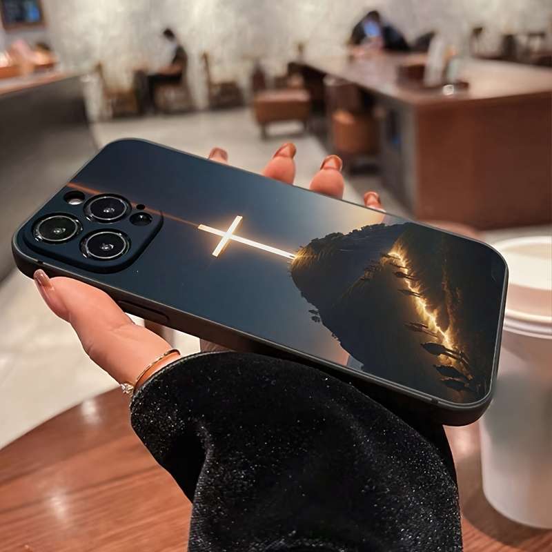 1Pc Black For iPhone 16 Plus Cross Pattern Phone Case