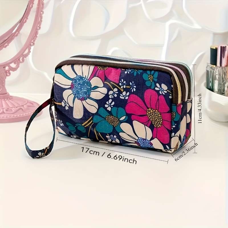 Elegant Floral Printed Polyester Wristlet Wallet Large Capacity Zippered Clutch Bag Lightweig