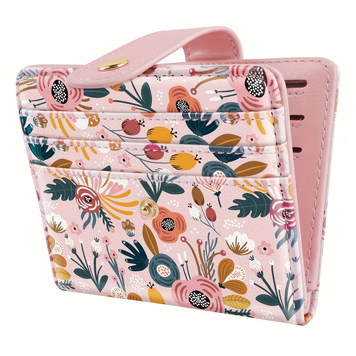 Women'S Compact Bi-Fold Wallet With Floral Print Rfid Blocking Pink Synthetic Faux Leather Ca