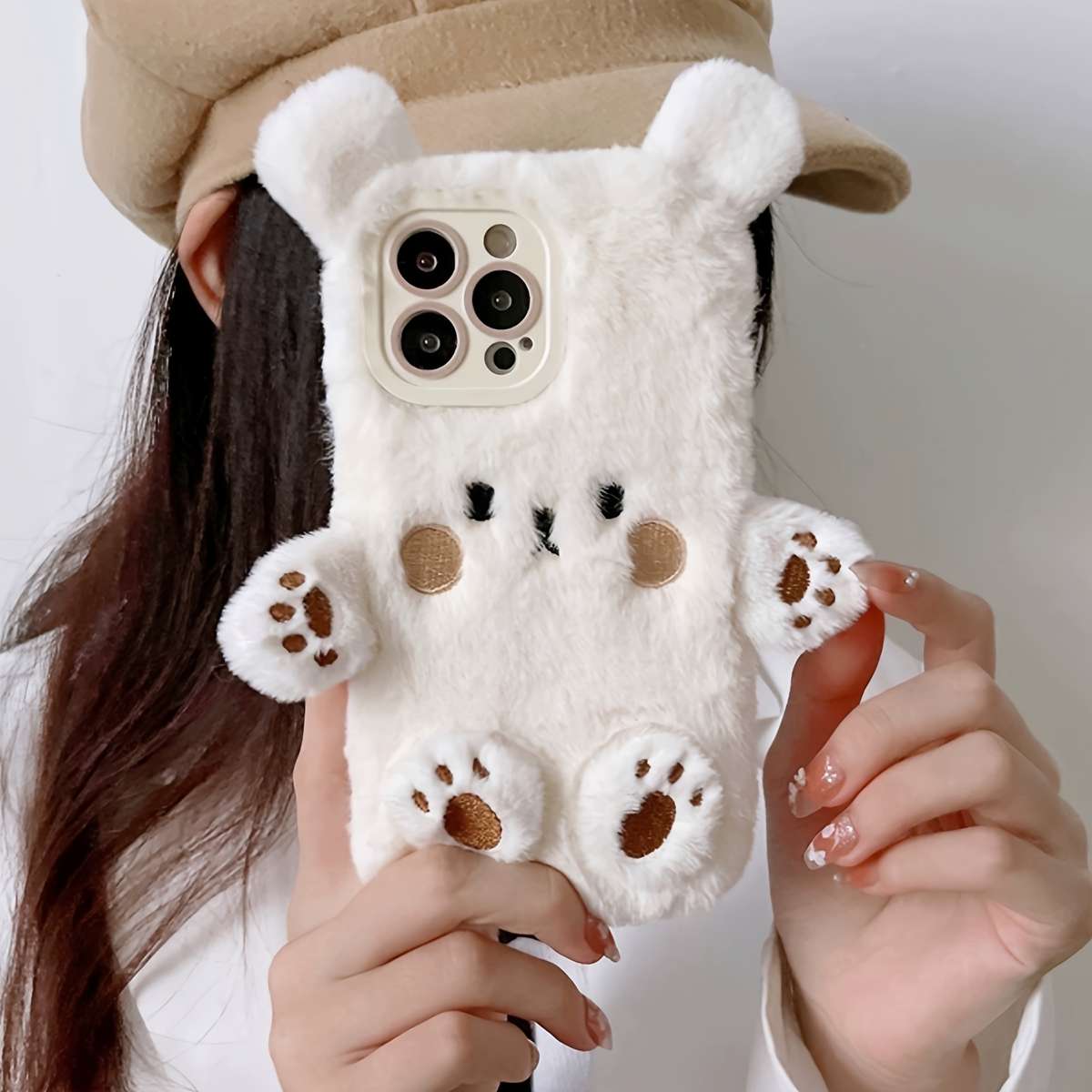1Pc Beige For iPhone 15 Plus Plush Three Dimensional Bear Phone Case