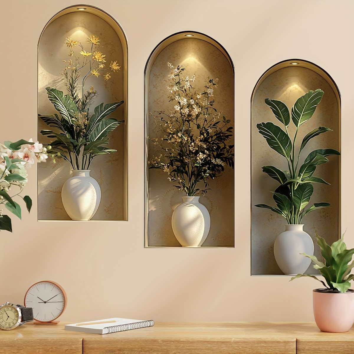 6PCS Premium Self Adhesive Flat Print Vibrant Flower Wall Stickers Faux Bathroom