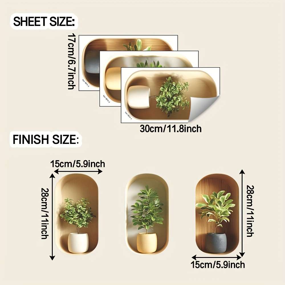 3Pcs Modern Set Wall Stickers High Definition Green Plant Bonsai Interior