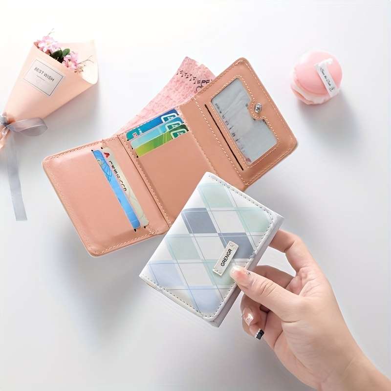 Minimalist Fashion Plaid Wallet Pu Material Pink Blue Colors Zipper Closure Foldable