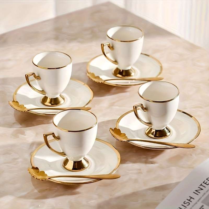 Water Cup Color White Model2009 Ceramic 4 Cups 4 Plates 4 Spoons
