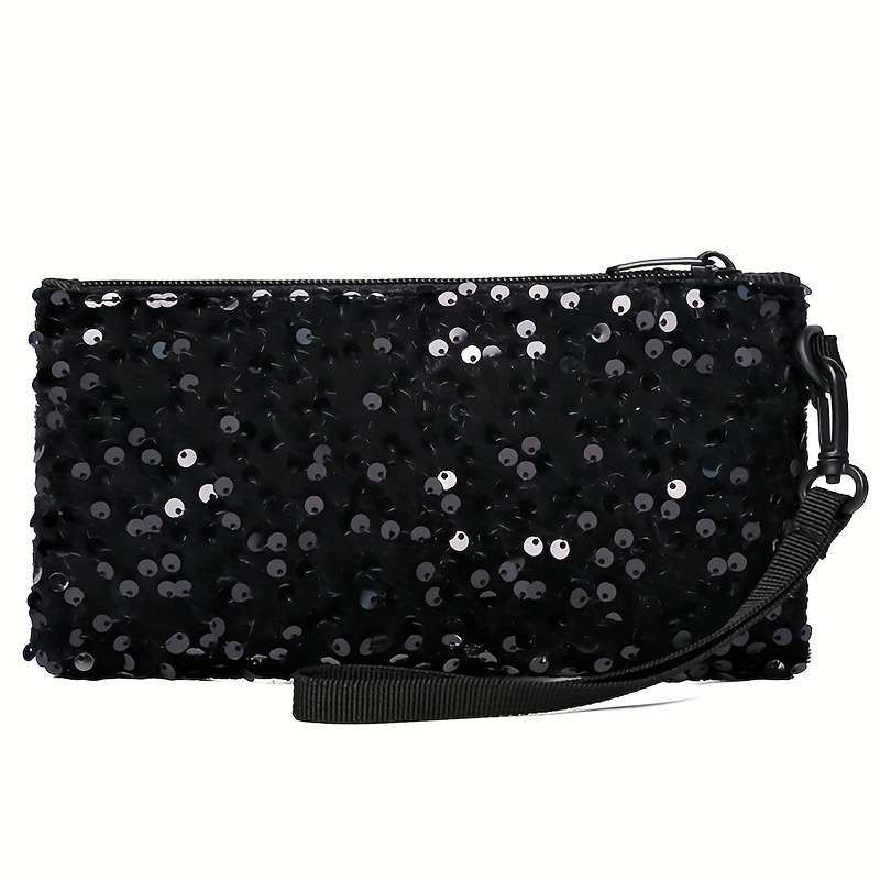 Women'S Black Sequin Clutch Walletlong Zippered Phone Bag With Adjustable Strap Stylish Wri