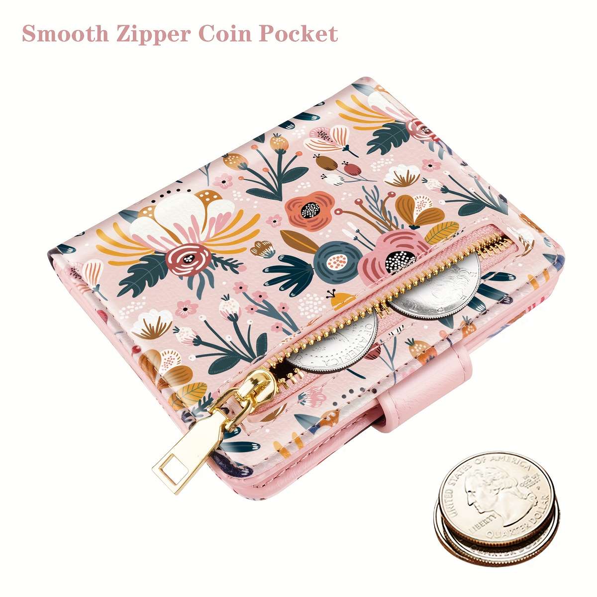 Women'S Compact Bi-Fold Wallet With Floral Print Rfid Blocking Pink Synthetic Faux Leather Ca