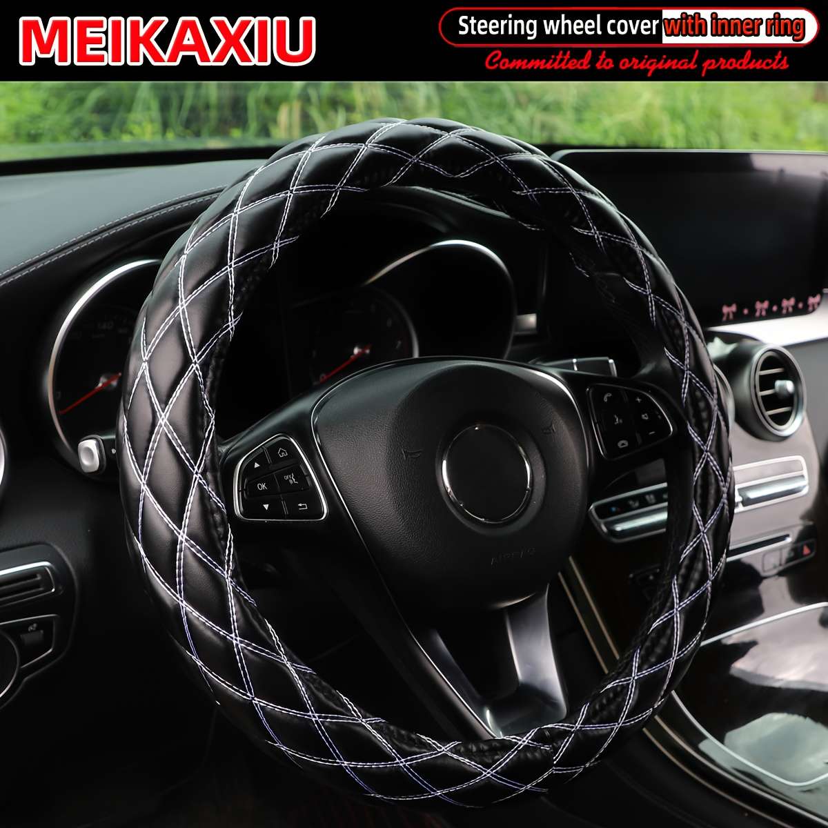Car Steering Wheel Cover Black Blue Model 36Cm(14.17Inch)/38Cm(15Inch)