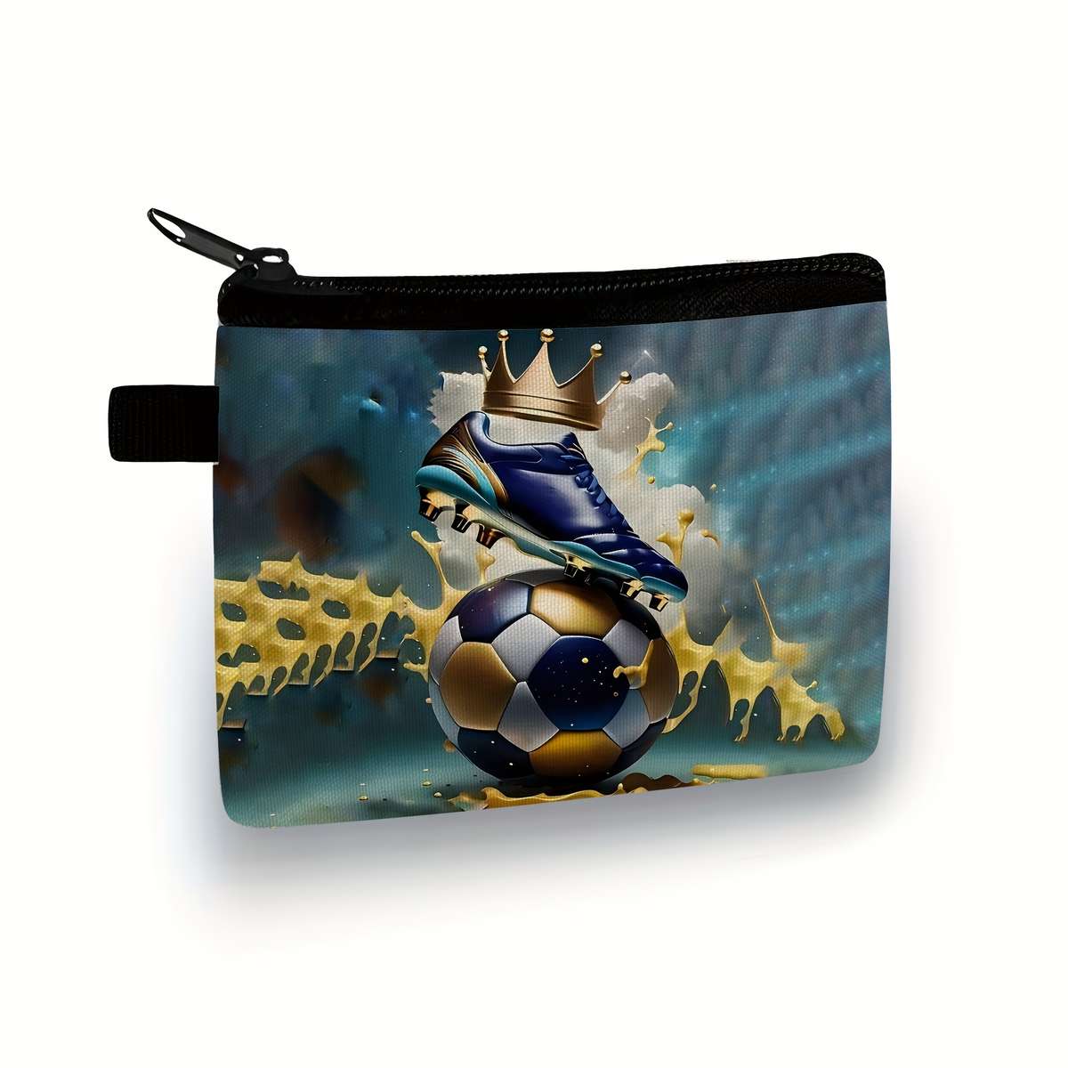 Soccer Crowned Ball Printed Polyester Coin Purse Neutral Style Durable Hand Washable No Edg