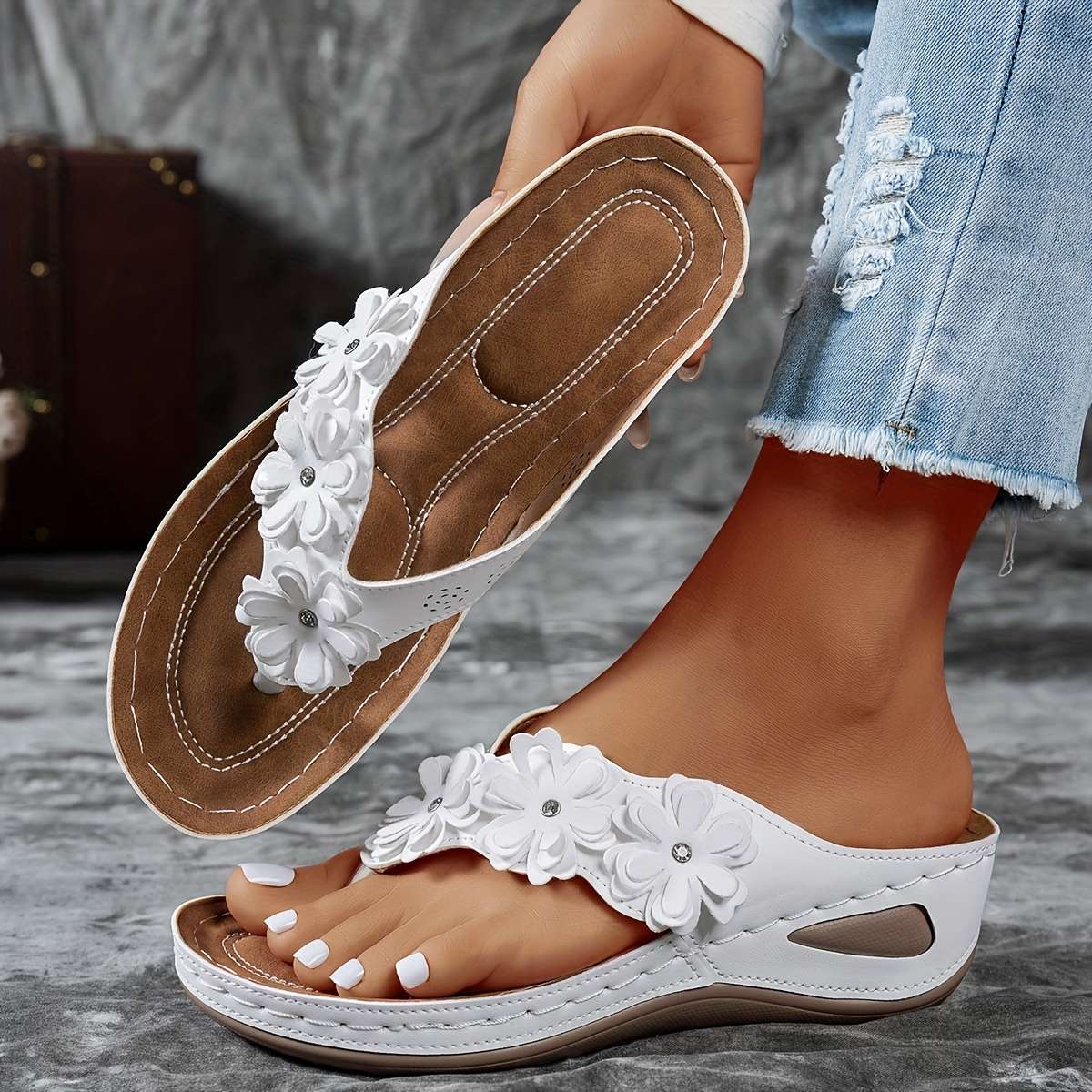 Ladies Summer Flip Flops White Uk 7.5