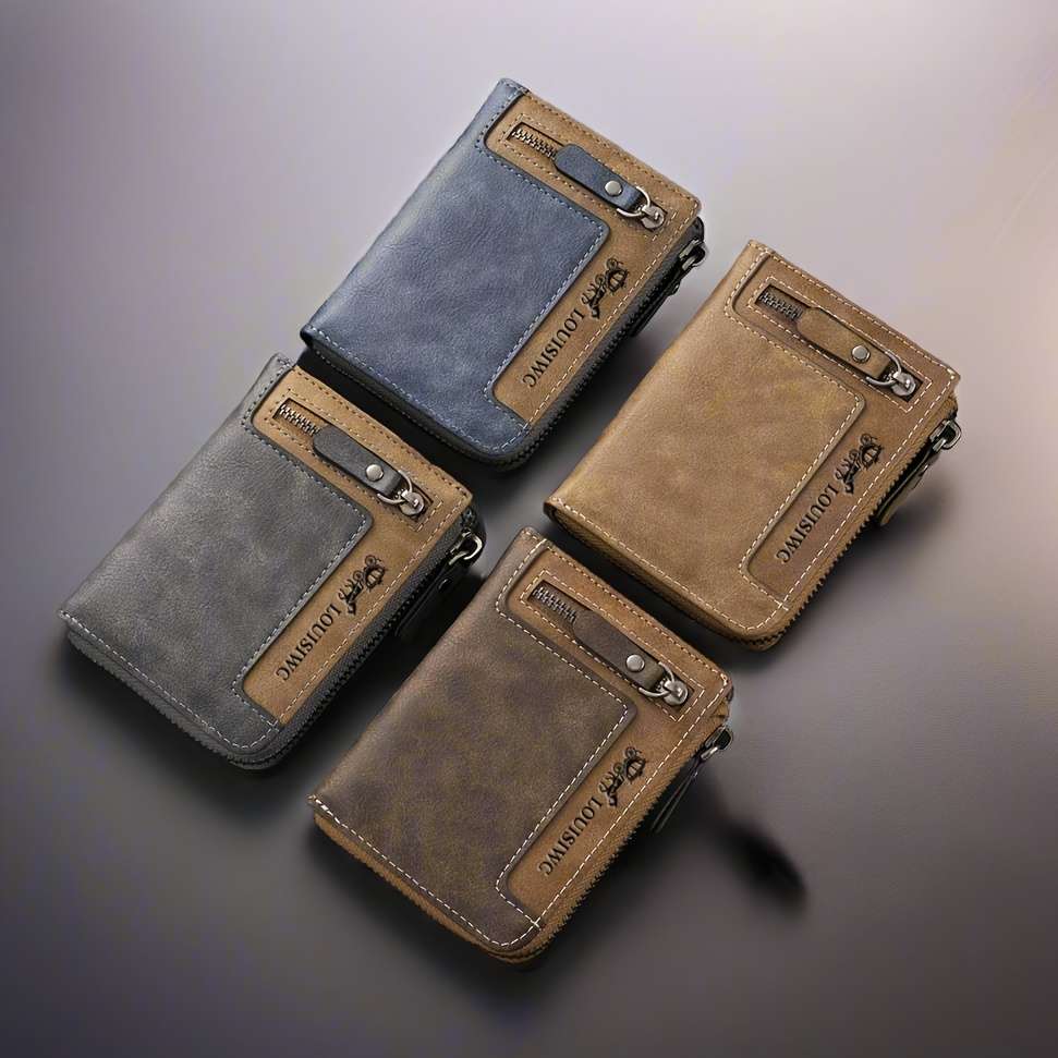 Men'S Vintage Faux Leather Walletcompact Casual Style With Zipper Closure Multi-Card Slots