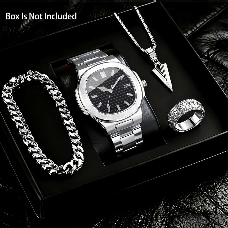 4Pcs Premium Fashion New Men Luxury Quartz Watch Square Dial With