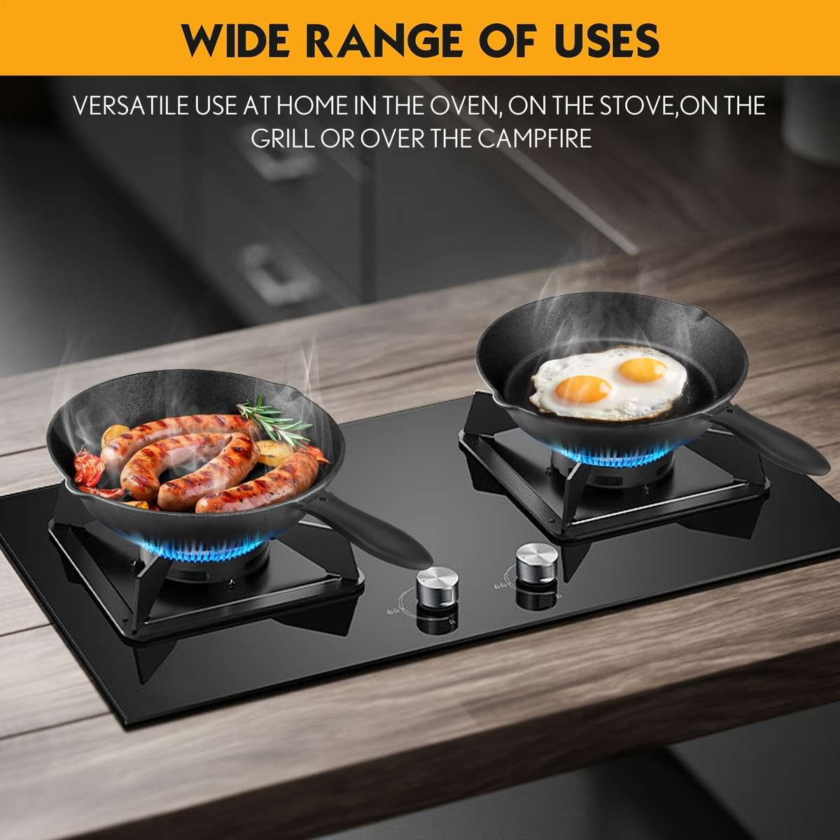 Set Cast Iron Cookware Set 10 Inch 8 Inch 6 Inch Flat Pans Excellent Heat Black
