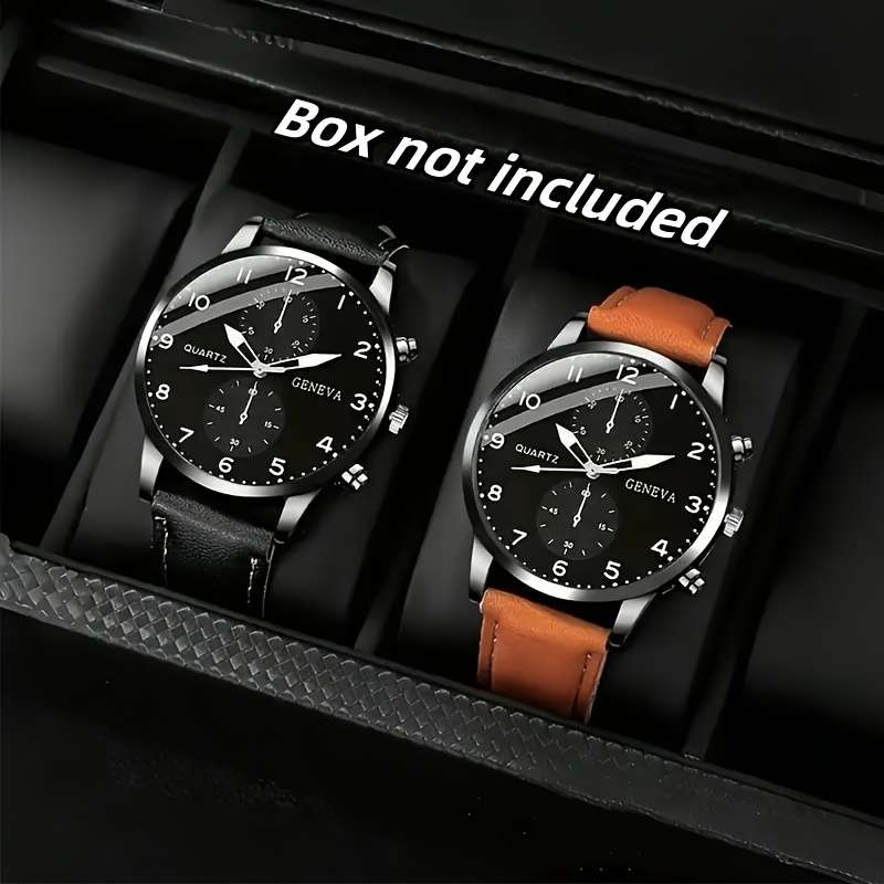 4Pcs Classic Quartz Men Watch Zinc Alloy Case Faux Leather And