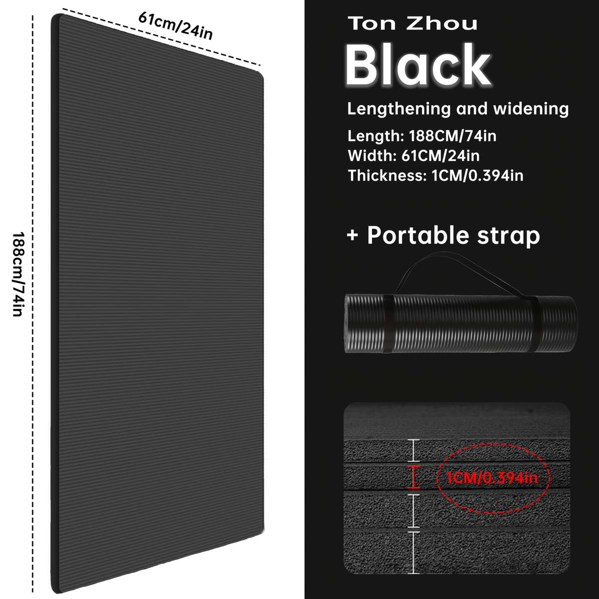 Yoga Mat Black Model Thickness 1CmStrap