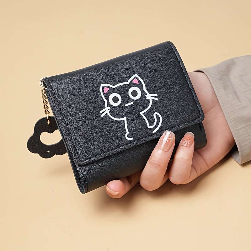 Vintage Style Cartoon Cat Pattern Pu Wallet Mini Tri-Fold Card Holder With Cat Paw Charm