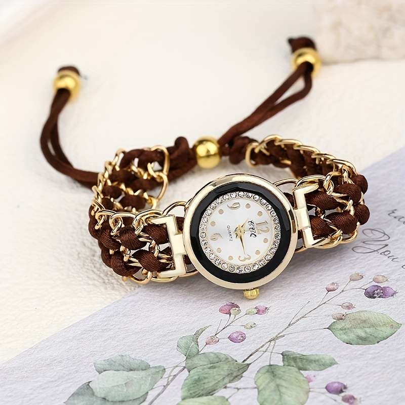 Premium Women Small Watch Case Rhinestones Adjustable Woven Strap Red