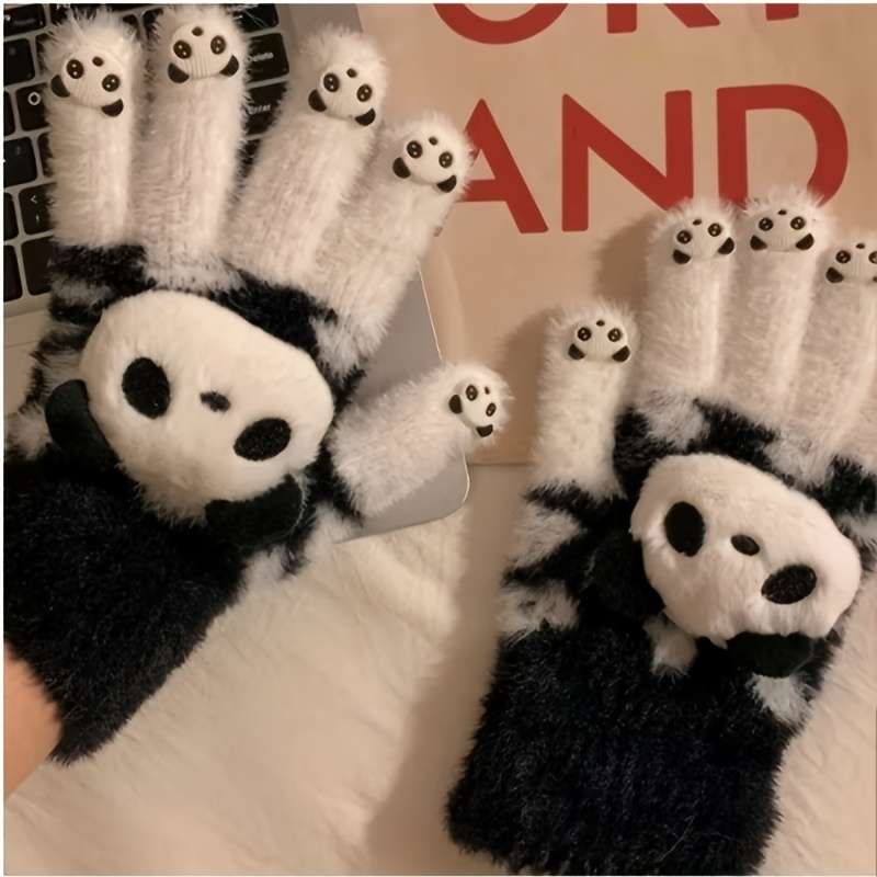 Vintage Ergonomic Soft And Cute Panda Plush Gloves For Women Winter Touchscreen