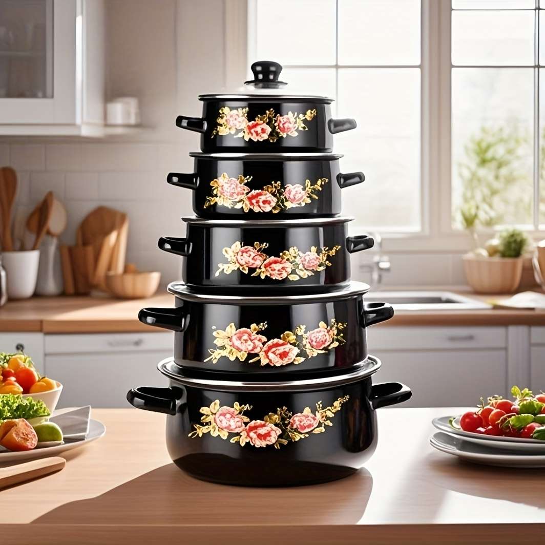 5Pcs Exquisite Enamel Pot Set Heavy