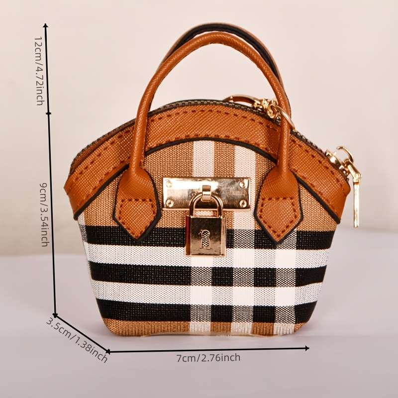 Chic Plaid Faux Leather Keychain Coin Walletfashionable Brown Black White Pattern With Gol