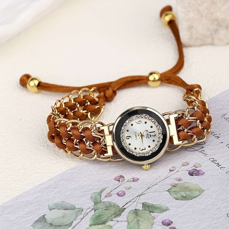 Premium Women Small Watch Case Rhinestones Adjustable Woven Strap Red