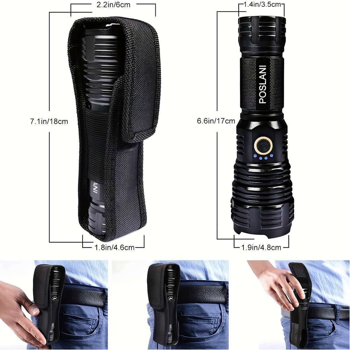 Heavy Duty Poslani Led Rechargeable Flashlight Adjustable High Power Travel
