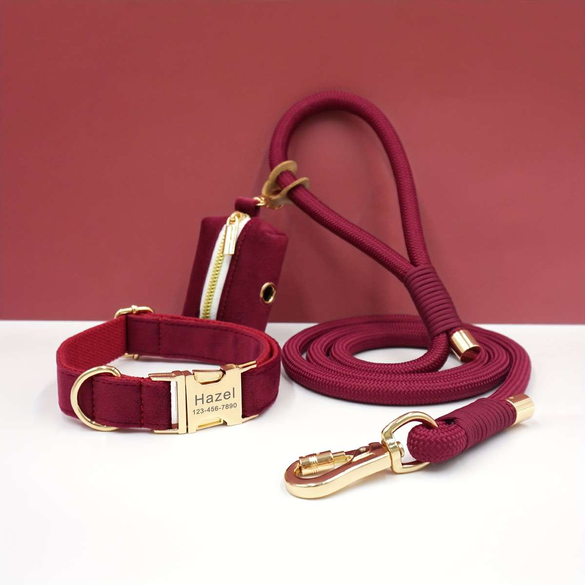 Dog Leash Color Bordeaux Velvet Round Rope 3Piece Set Size L