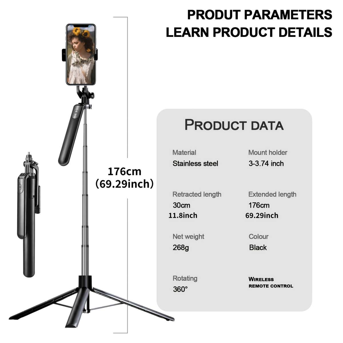 Phone Stand Color 69In1.7M With Rotating Grip Photography Tripod