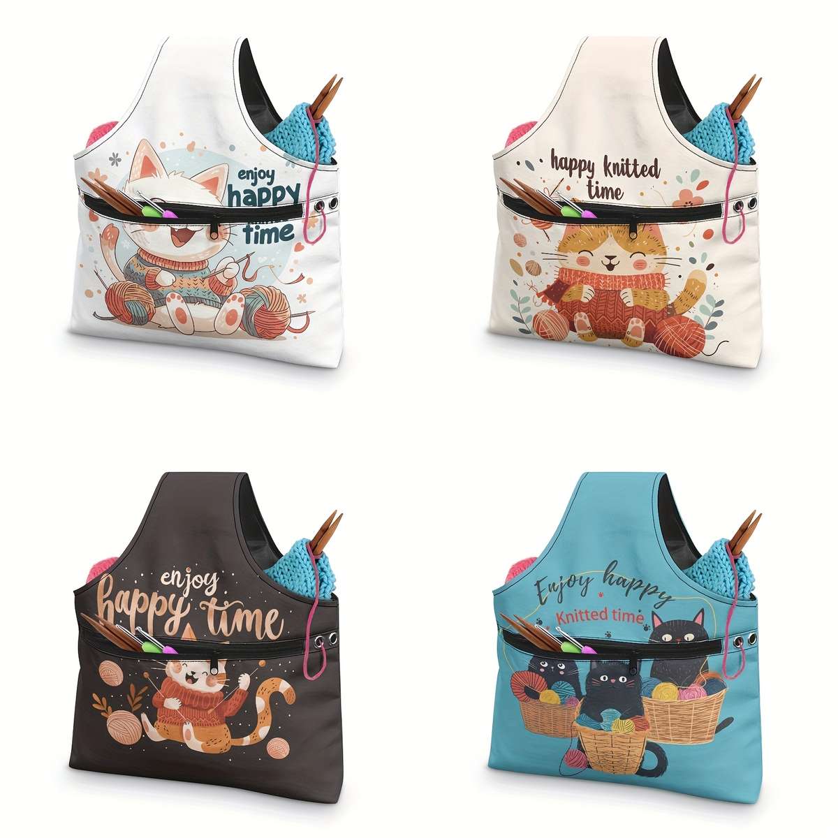 Cute Cat Crochet Yarn Storage Bag Blue