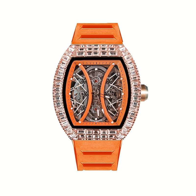 Luxury Tevise Mens Automatic Mechanical Watch Skeleton Tonneau Case