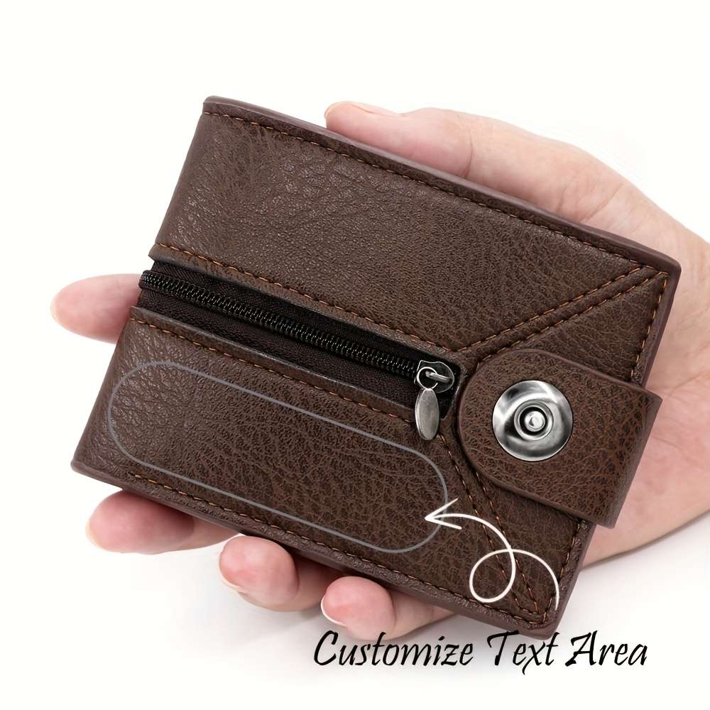 Customizable Carved Men'S Short Casual Faux Leather Wallet Solid Color Non-Braided Zippe