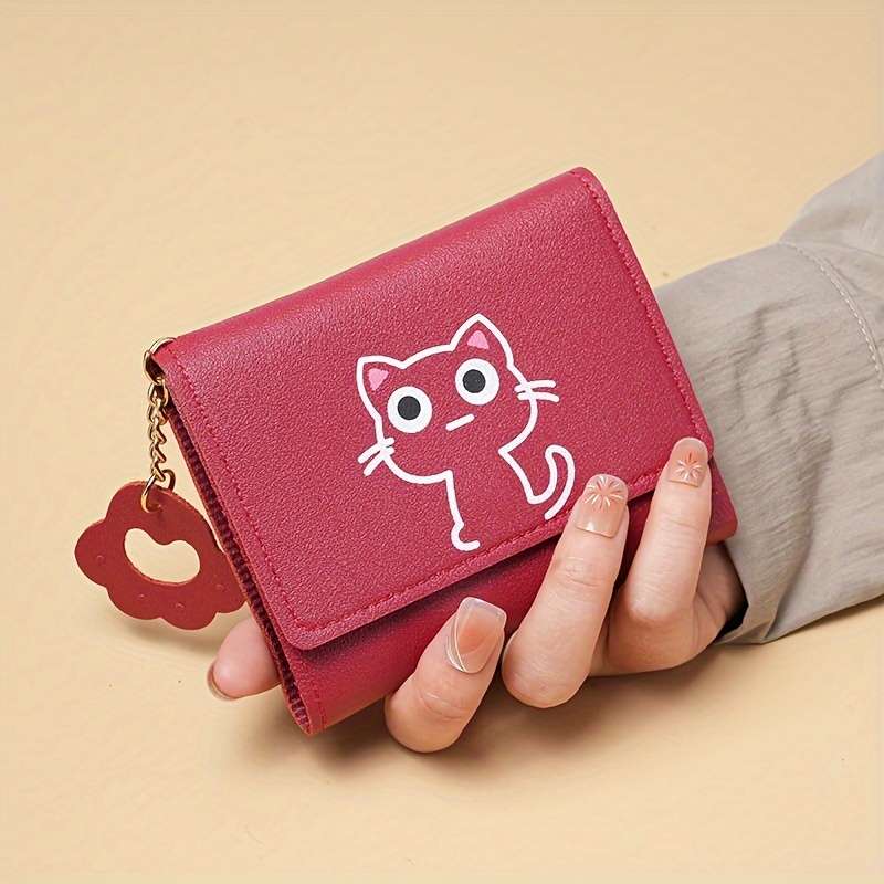 Vintage Style Cartoon Cat Pattern Pu Wallet Mini Tri-Fold Card Holder With Cat Paw Charm
