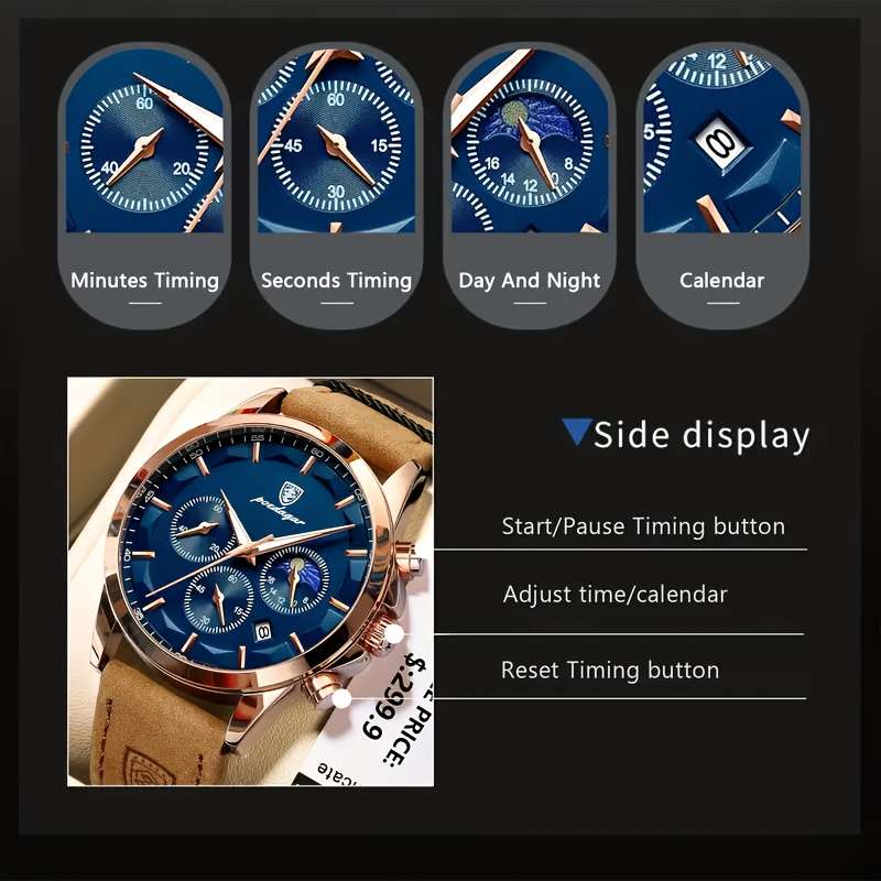 2Pcs Luminous Watch Set Men Luminous Waterproof Pu Leather Quartz Watch