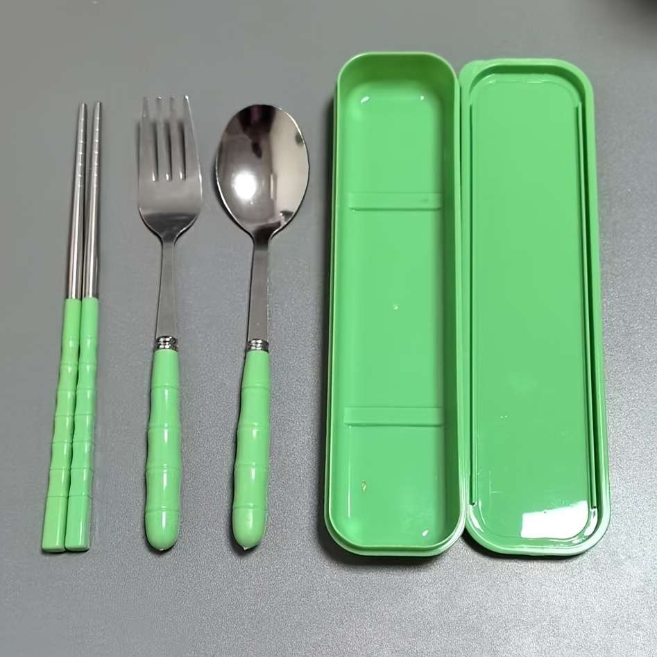 3 In 1 Stainless Steel Camping Utensils Set Reusable Plastic Cover Portable