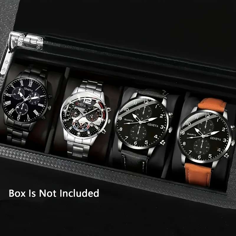 4Pcs Classic Quartz Men Watch Zinc Alloy Case Faux Leather And