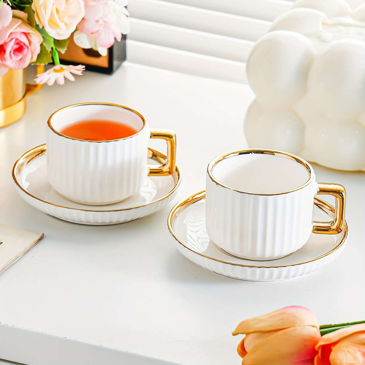 Water Cup Color White Golden Model3001 Ceramic Golden Edge 6 Cups 6 Plates