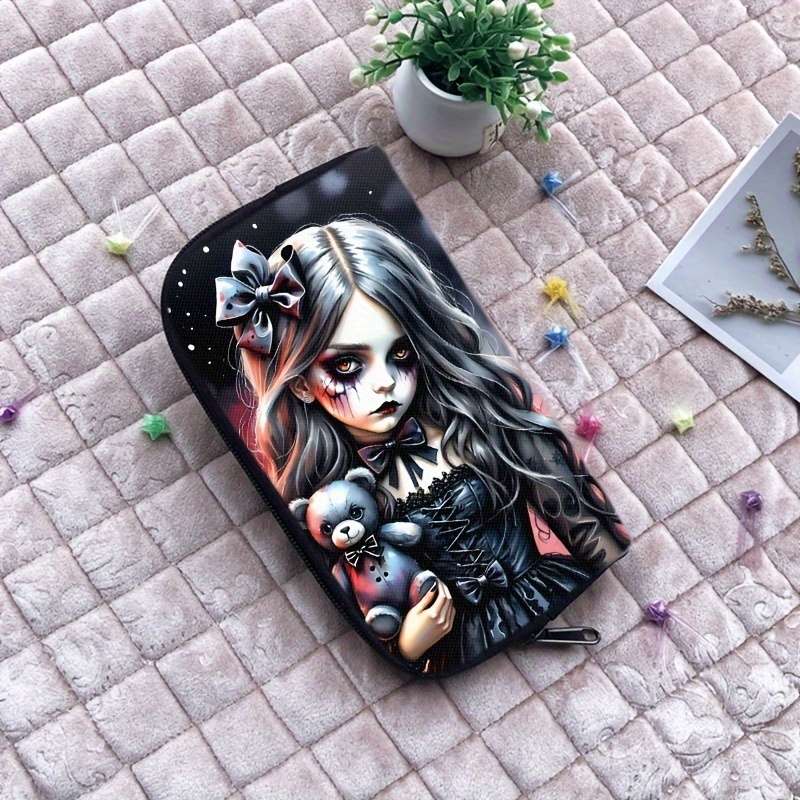 Chic Gothic Women Bear Doll Print Walletstylish Polyester Clutch With Zipper Ideal