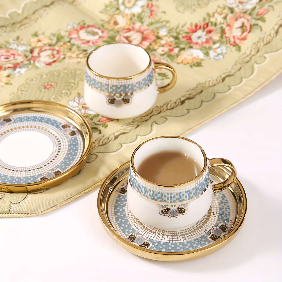 Water Cup Capacity 170Ml 574Oz Gold Rimmed Checkered 6 Cup Saucer
